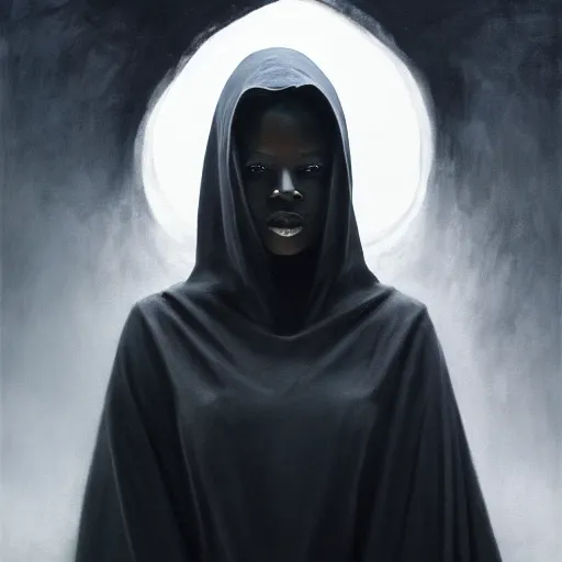 Image similar to a portrait of a young black woman wearing a long dark cloak, hood and shadows covering face, anatomically correct, beautiful perfect face, enigmatic, oil painting, matte painting, black background, Volumetric dynamic lighting, Highly Detailed, Cinematic Lighting, Unreal Engine, 8k, HD, by Beksinski