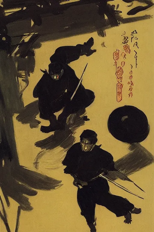 Prompt: portrit of a ninja on a rainy night by joaquin sorolla, syd mead, hokusai