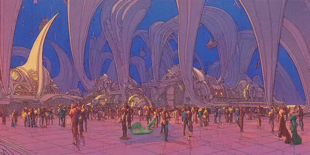 Image similar to cel shaded matte illustration, cinematic shot of the interior of a sci - fi space station with ornate elven architecture bustling with people, epic castle, emerald, crystalline, detailed illustration, sharp focus, crisp lines, art by moebius!!!, jean giraud moebius!!! comic illustration