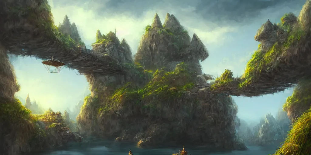 Image similar to peaceful village built on floating rocks among the clouds, d & d, rope bridges, birds in background, high fantasy, detailed, digital painting, realistic, landscape by jonathan berube