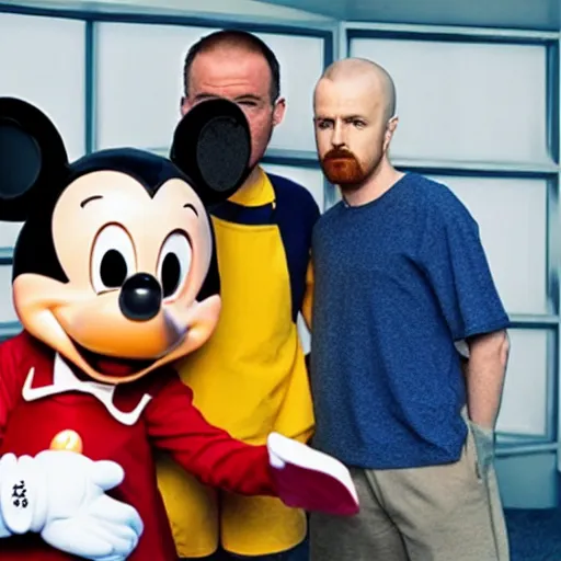 Image similar to walter white and jesse pinkman doing a selfie with mickey mouse, realistic