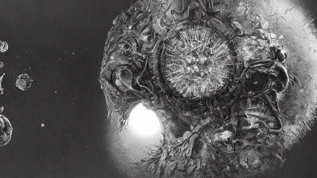 Image similar to a beautiful microscopic scientific photo of a coronavirus and a strange life form seen through an electron microscope, dark, sinister, detailed, art by Greg Rutkowski