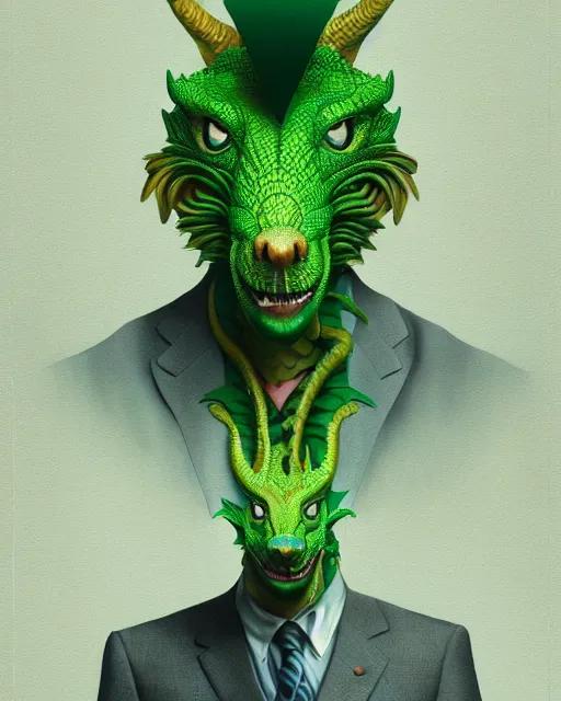 Prompt: anthropomorphic art of a businessman dragon, green dragon, portrait, 1 9 8 0 s business fashion, victo ngai, ryohei hase, artstation. fractal papers, newspaper. stock certificate, highly detailed digital painting, smooth, global illumination, fantasy art, jc leyendecker