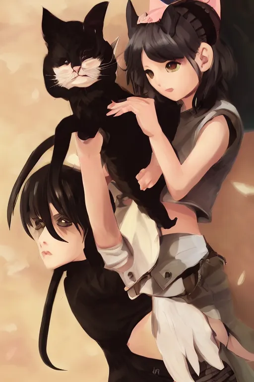 Prompt: anime girl with short hair and cat ears playing with a small black kitten, concept art, wlop, digital painting, trending on artstation, highly detailed, epic composition, official media, 8 k uhd
