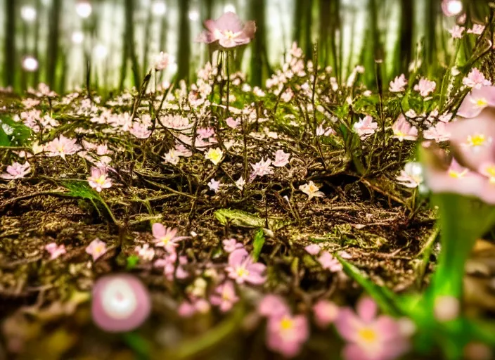 Prompt: a fantasy forest on an alien planet with delicate flowers and mushrooms that glow in the dusk, macro close up, bokeh,