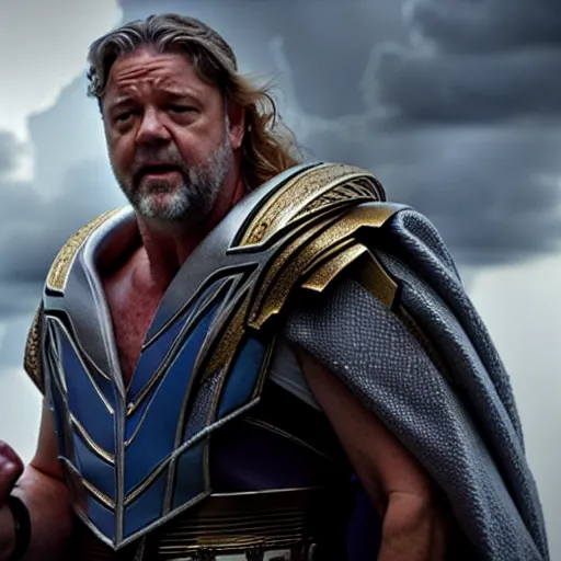 Image similar to Russell Crowe as zeus in a Marvel movie by nuri iyem, james gurney, james jean, greg rutkowski, anato finnstark. hyper detailed, 50mm, award winning photography.