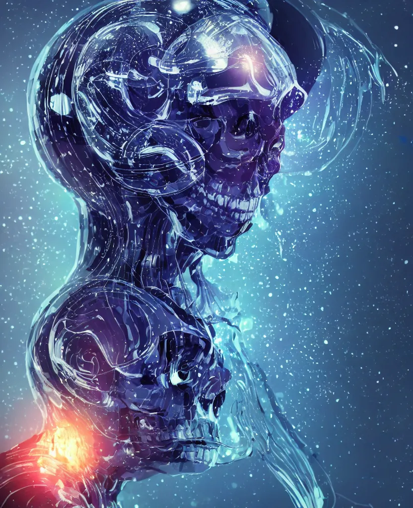 Image similar to close-up macro portrait of the face of a beautiful princess rotten skull in a spaceman suit, epic angle and pose, symmetrical artwork, 3d with depth of field, blurred background, cybernetic jellyfish female face skull phoenix bird, translucent, nautilus, energy flows of water and fire. a highly detailed epic cinematic concept art CG render. made in Maya, Blender and Photoshop, octane render, excellent composition, cinematic dystopian brutalist atmosphere, dynamic dramatic cinematic lighting, aesthetic, very inspirational, arthouse. y Greg Rutkowski, Ilya Kuvshinov, WLOP, Stanley Artgerm Lau, Ruan Jia and Fenghua Zhong