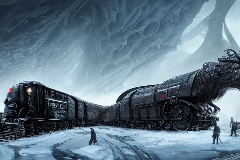 Image similar to a grand intricate futuristic black steam train next to a giant mammoth, post - apocalyptic ice landscape in snowstorm, concept art, artstation, highly detailed, digital art