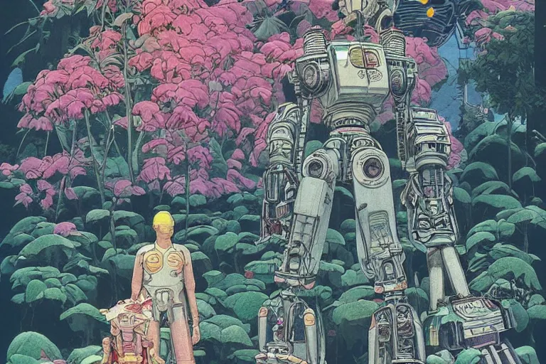 Image similar to gigantic man head, a lot of exotic vegetation around, trees, tremendous mecha robot, flowers, risograph!, oldschool vintage sci - fi flat surreal design, super - detailed, painting by moebius and satoshi kon and jodorowski and katsuhiro otomo