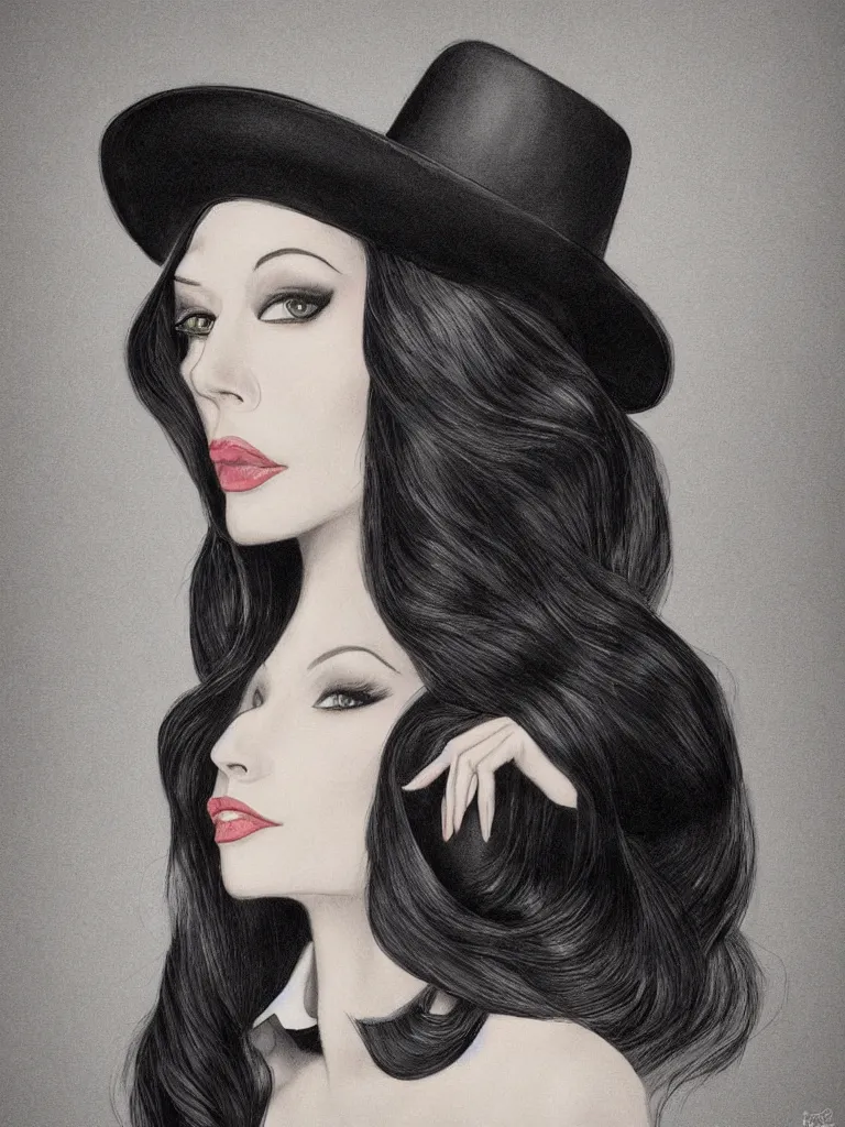 Image similar to elegant long hair lady wearing gentleman suit and tophat portrait photorealism noir