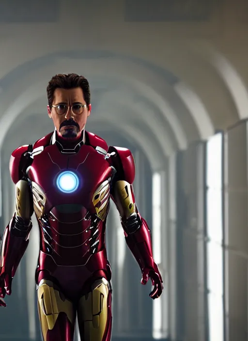 Prompt: film still of Johnny Depp as Tony Stark in Iron Man, 4k