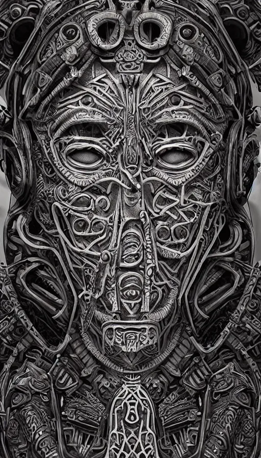 Image similar to ancient biomechanical hybrid aztec fantasy human face mask tattoo pattern concept, teonanacatl glyph, intricate artwork by, Alex Grey, Artgerm, H.R. Giger, very coherent artwork, cinematic, hyper realism, high detail, octane render, unreal engine, 8k, High contrast, higly detailed black ink outline