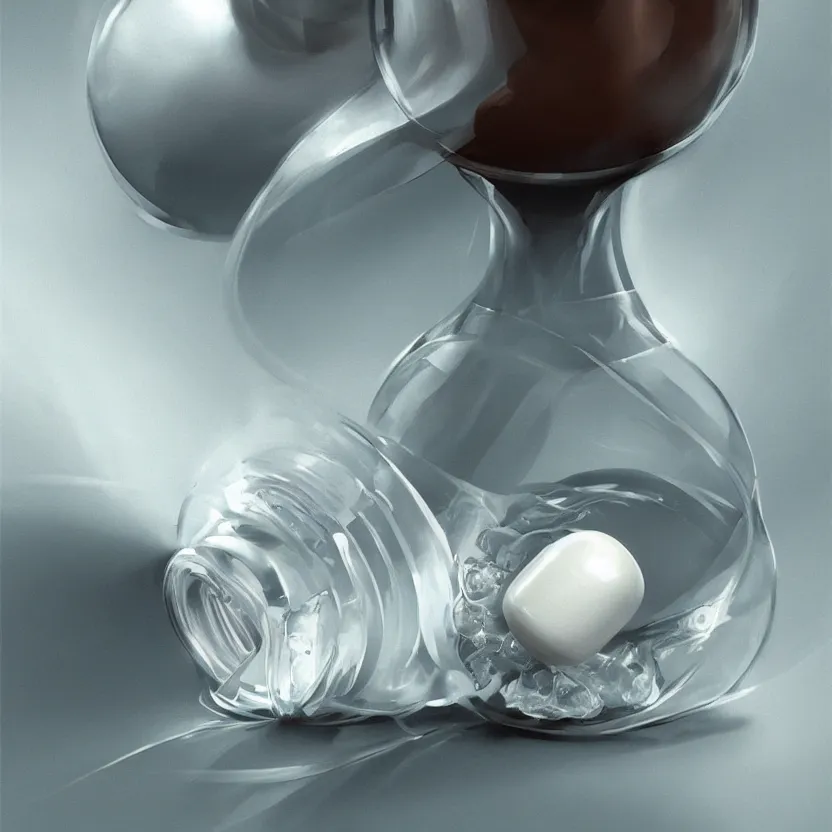 Prompt: concept art of luxury very modern dietary supplement with white liquid in a round transparent bottle with big black sticker on it, by aenaluck, artgerm and roberto ferri and greg rutkowski, light blue and white tones, digital painting, artstation, concept art, smooth, sharp foccus ilustration hq