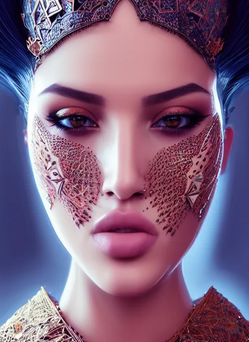 Prompt: portrait of arabic model, intricate, technology, sharp focus, octane render, realistic, detailed, beautiful, unreal engine, symmetrical!!, maybelline, sephora, loreal, artstation, art by artgerm, rossdraws, art by karol bak, makeup by pat mcgrath, cinematic, concept art, filmic, vsco