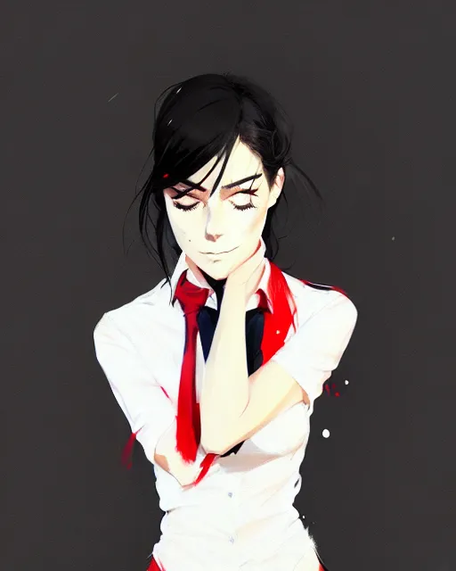 Image similar to a ultradetailed full body portrait of a woman dressed in a white shirt with a tie, by conrad roset, greg rutkowski and makoto shinkai trending on artstation