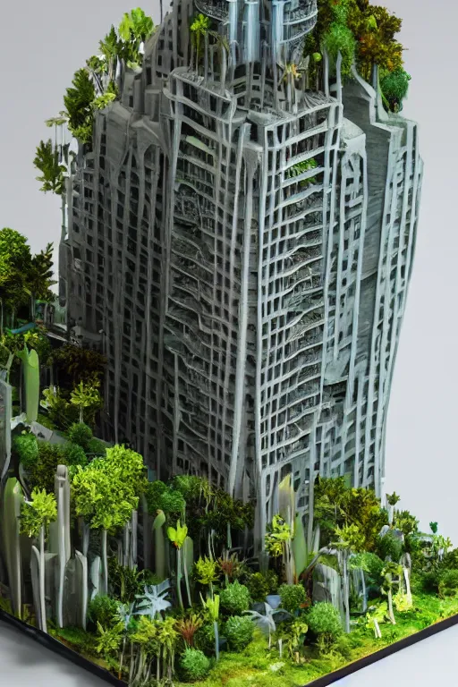 Image similar to 3 d printed physical model organic flowy including more than one city into one vertical building model that sits on a table in a room with a view back, multiple stories, transparent, with vegetation, colorful, eye - level view, 8 0 k, octane render, highly detailed 3 d render,