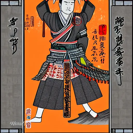 Prompt: an epic detailed political poster of a Japanese samurai in a temple, with Japanese text, in the style of a playing card, modern art, high quality, 4k