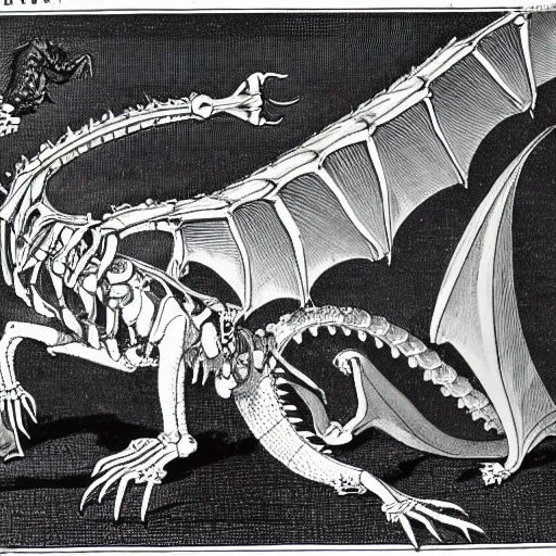 Prompt: fictional beast skeleton of dragon in victorian scientific illustration style