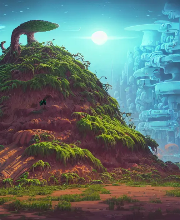 Image similar to a simple bunker made out of exotic fungus, overgrown with weird fungus and slime, spaceport, noon, sun drenched, partly cloudy, by dan mumford, yusuke murata, makoto shinkai, ross tran, cinematic, unreal engine, cel shaded, featured on artstation, pixiv