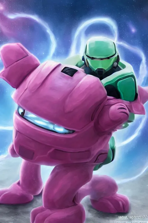 Image similar to wigglytuff pokemon playing as master chief, oil on canvas, intricate, 8 k highly professionally detailed, hdr, cgsociety