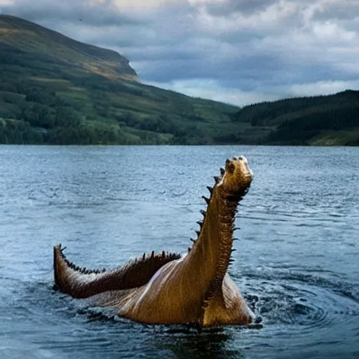 Prompt: a photo realistic lochness monster feasting on a cow