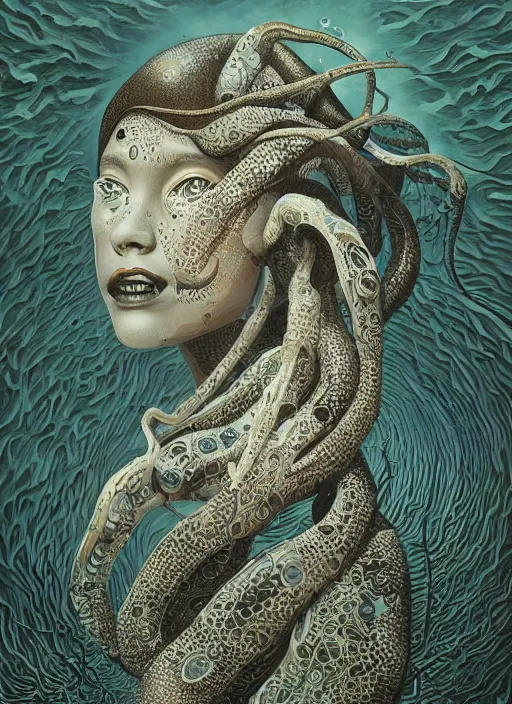 Image similar to Squid goddess painting by Dan Hillier, trending on artstation, artstationHD, artstationHQ, 4k, 8k