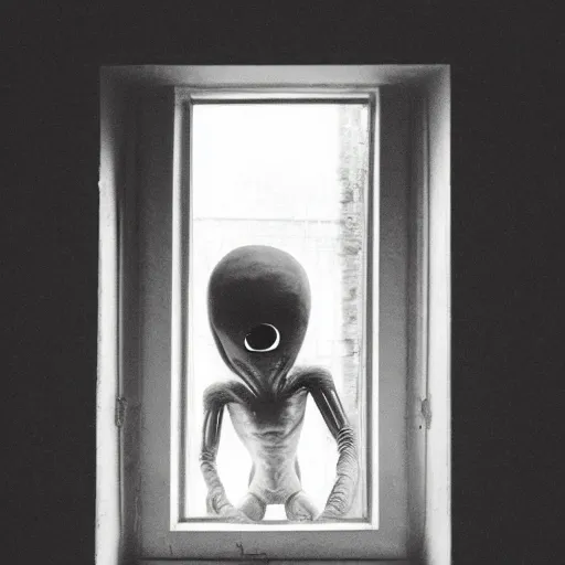 Image similar to a real photo of an alien looking through a window, realistic, vintage photo, old photo, sepia, grainy