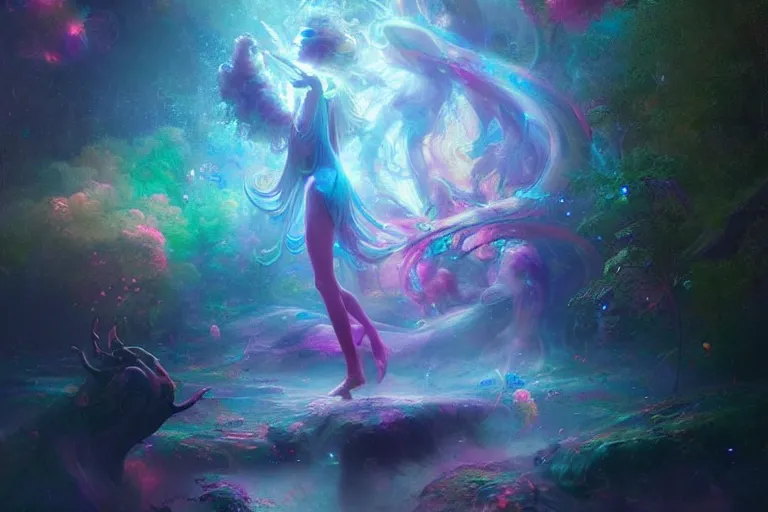 Prompt: a psychedelic realm hidden away in a pocket of ethereal understanding, astral beings sharing love greg rutkowski wlop lisa frank bob ross, ruan jia, illustration