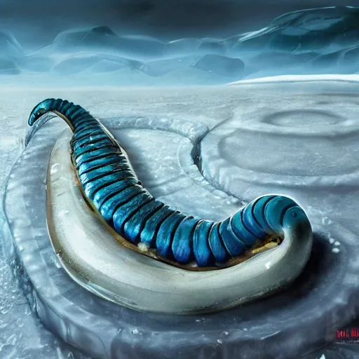 Image similar to giant jello worm in a icy desert, ice, snow, cold, by the tony sart and hr giger, artstation