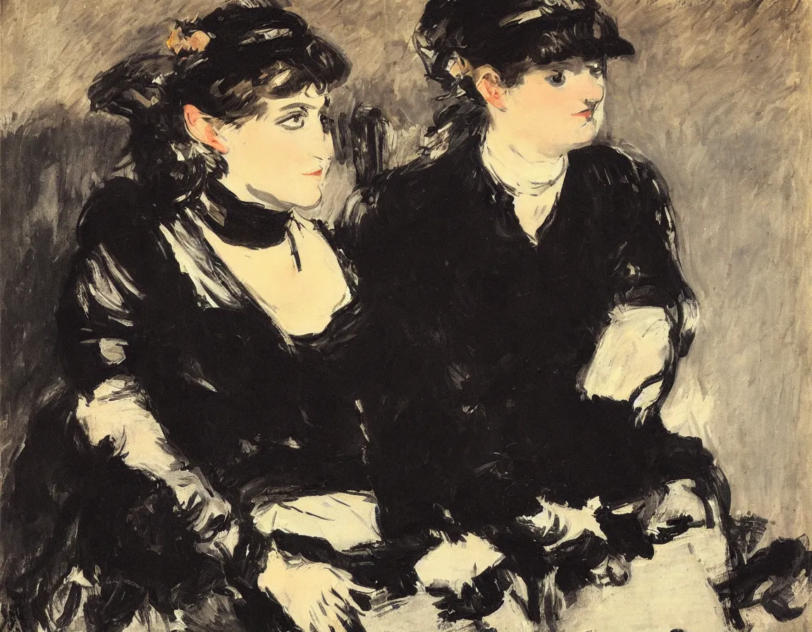 Image similar to edouard manet. a wide portrait of a woman all dressed in black, she is in profile turned her head towards the camera. seated on a dark motorcycle on a highway. there is another motorcycle blurred in the background. unprecise brush strokes. expressive. emotional.