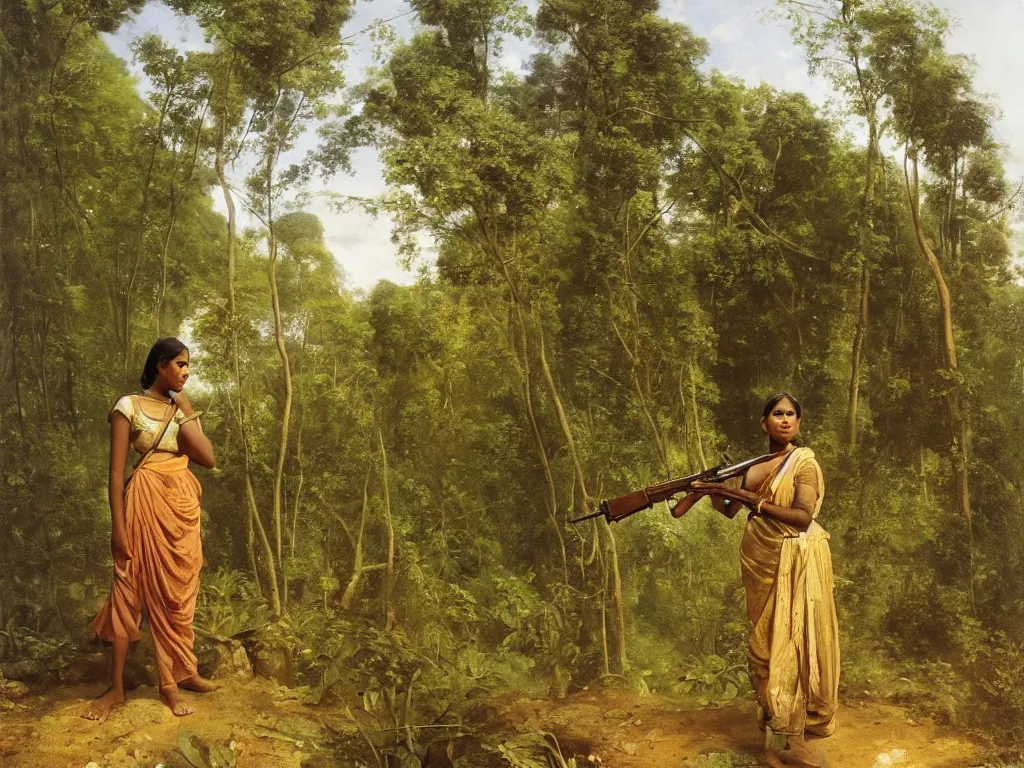 Prompt: sri lankan woman holding an ak 4 7 in a jungle next to an anc 8 8 ient ruin, by camille corot, third - person, f / 2 2, kinemacolor, rim lights, insanely detailed and intricate, hypermaximalist, elegant, ornate, hyper realistic, super detailed