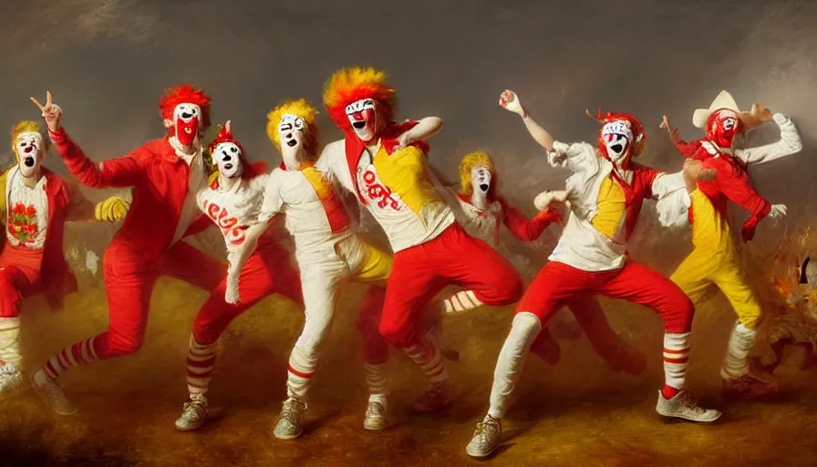 Image similar to highly detailed painting of a group of ronald mcdonalds with red afros, white facepaint, red noses and yellow tracksuits line dancing at a hoedown by william turner, by greg rutkowski, by william constable, thick brush strokes and visible paint layers, 4 k resolution