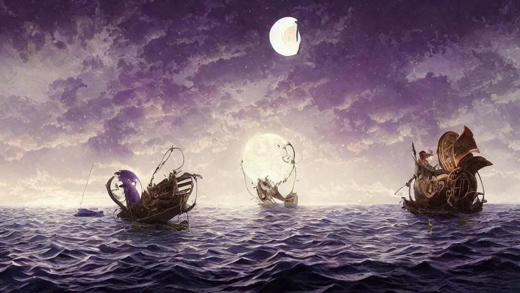 Prompt: a giant!!!! anglerfish!!!! at the surface of the water meets a lantern - holding!!!! sailor!!!! on a sloop, background with large full moon and purple sky, in the styles of tom coletti, jorge jacinto, and thomas veyrat intricate, accurate details