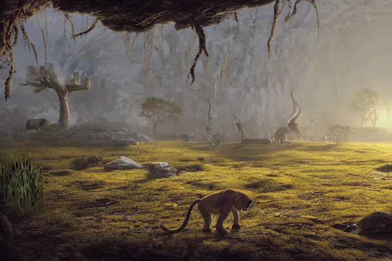 Prompt: tarkovsky scene, by the lion king, hyper realistic, ambient lighting, concept art, intricate, hyper detailed, smooth, dynamic volumetric lighting, octane, raytrace, cinematic, high quality, high resolution, 4 k, film grain, no animals lions