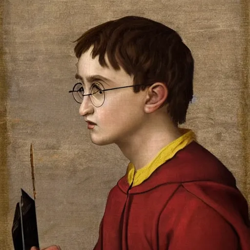 Image similar to a renaissance style portrait painting of Harry Potter