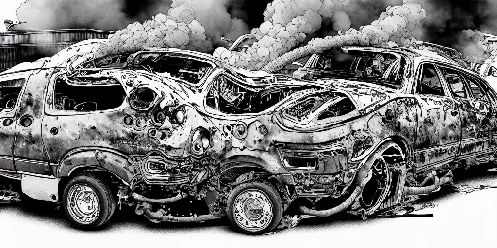 Image similar to a big woman axolotl in burning wrecked mercedes 1 2 4, ultrafine hyperdetailed illustration by kim jung gi