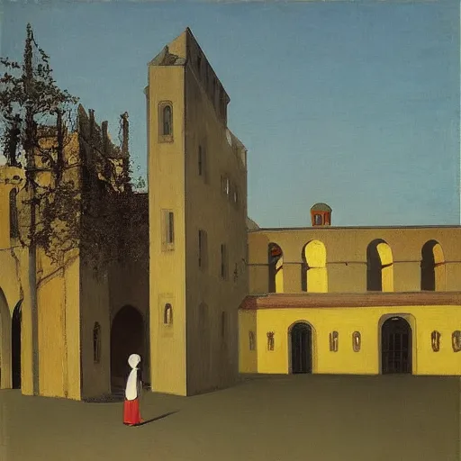 Image similar to in the distance, a little girl with short black hair and wearing a yellow coat alone in the inner courtyard of an abbey, the light is bright and wintry, painting by hopper and de chirico