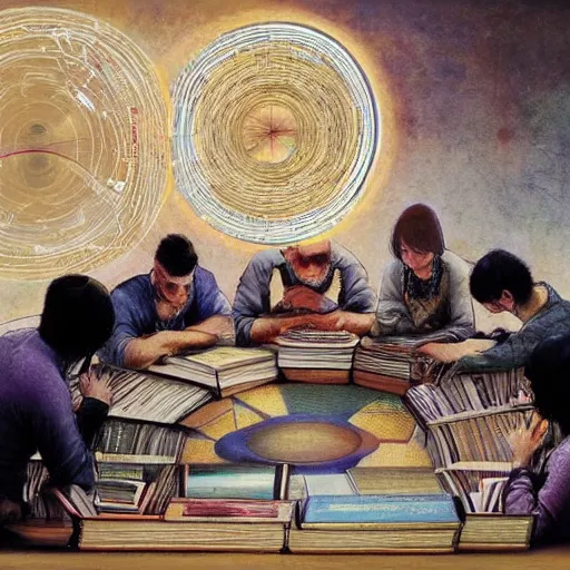 Image similar to A beautiful computer art of a group of people standing around a circular table. In the center of the table is a large, open book. The people in the computer art are looking at the book with interest and appear to be discussing its contents. warm light by Susan Seddon Boulet, by Yoji Shinkawa