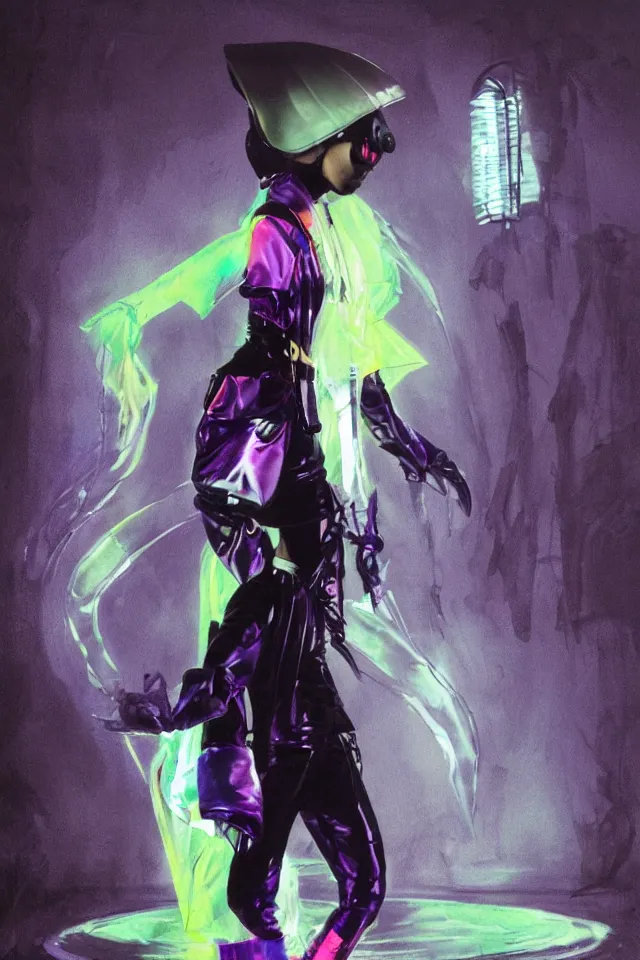Image similar to concept art androgynous ninja in rocker tunic made of iridiscent fabric, radio goggles, iridiscent, cinematic lighting at night, iridiscent light, wet floors, neon, syd mead, tim walker, masterpiece, fashion design