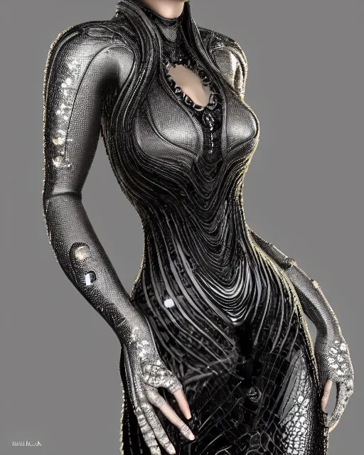 Image similar to a highly detailed metahuman 8 k close up render of bella hadid as a black snake renaissance in iris van herpen dress schiaparelli in diamonds crystals swarovski and jewelry iridescent in style of alphonse mucha gustav klimt trending on artstation made in unreal engine 4