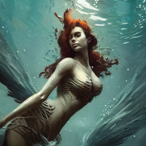 Image similar to a sirene under water, greg rutkowski, 8 k, shallow depth of field, intricate detail, concept art,