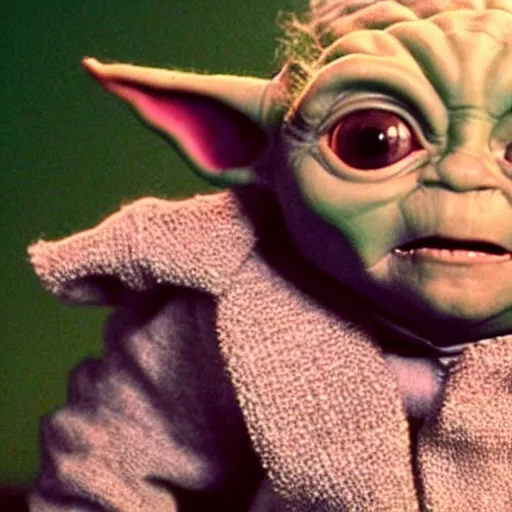 Image similar to a film still of baby yoda wearing 1 9 9 0 s hip hop clothing realistic, detailed