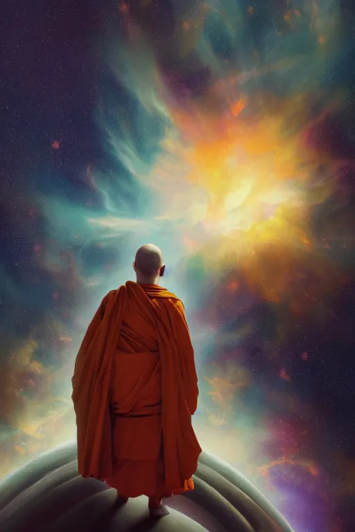 Image similar to portrait of a monk in a spaceship, looking at a nebula, orange robe, dramatic lighting, artstation, matte painting, ralph mcquarrie