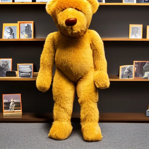 Prompt: a ( ( ( ( muscular yellow teddy bear ) ) ) proudly standing in front of his nfts collection!!!! 4 k photo