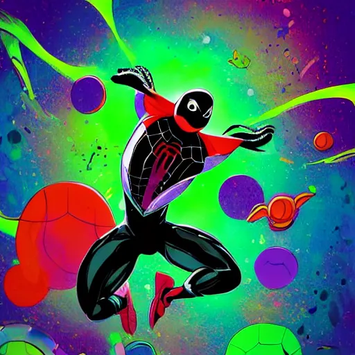 Image similar to turtle fusing with a psychedelic black hole in space, style like spiderverse movie, colorful, hard edges, black outlines