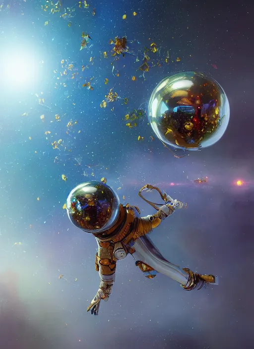 Image similar to An epic fantastic realism comic book style painting of the most beautiful flowers launched into space, perfect shiny silver iridescent spheres, bouquets, fisheye lens, unreal 5, DAZ, hyperrealistic, octane render, dynamic lighting