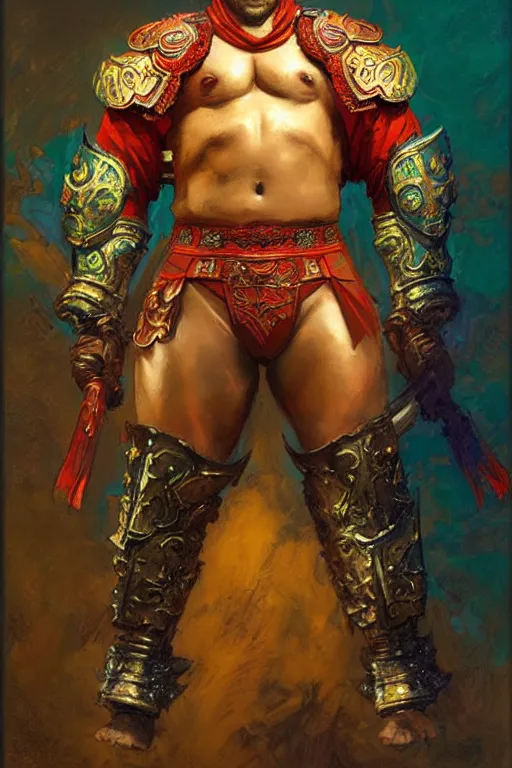 Image similar to attractive beefy male with armor, ming dynasty, character design, colorful, neon lights, painting by gaston bussiere, craig mullins, j. c. leyendecker, tom of finland