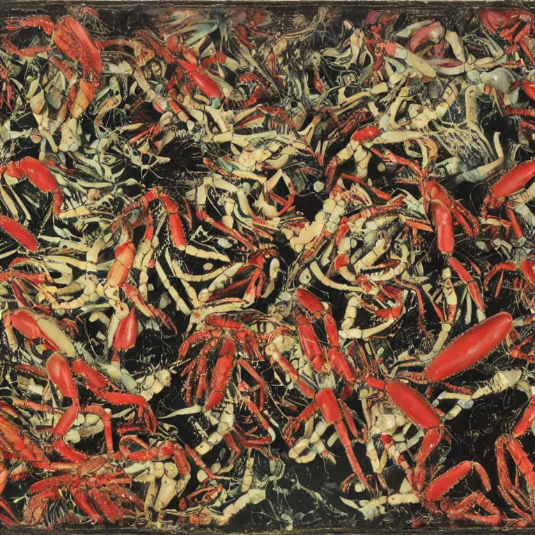 Image similar to Pasiphae by Jackson Pollock, meeting God, lobsters, coral, worms, larvae, Strawberry Jam by Animal Collective, realistic photograph of fruit