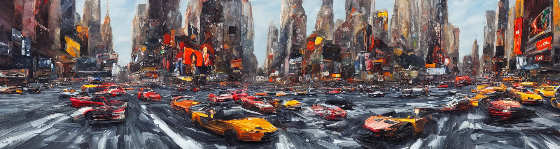 Image similar to a detailed oil painting of cars racing in new york city