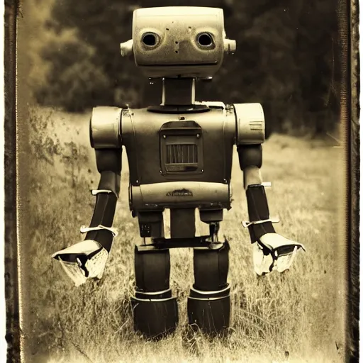 Image similar to humanoid robot, advanced humanoid robots, sleek robot, in log cabin living room, tintype photograph